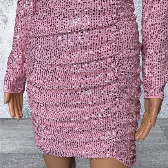 Sequin Ruched Mini Dress Small S Pink Lined Plunging Deep Neckline Long Sleeves - Picture 13 of 16